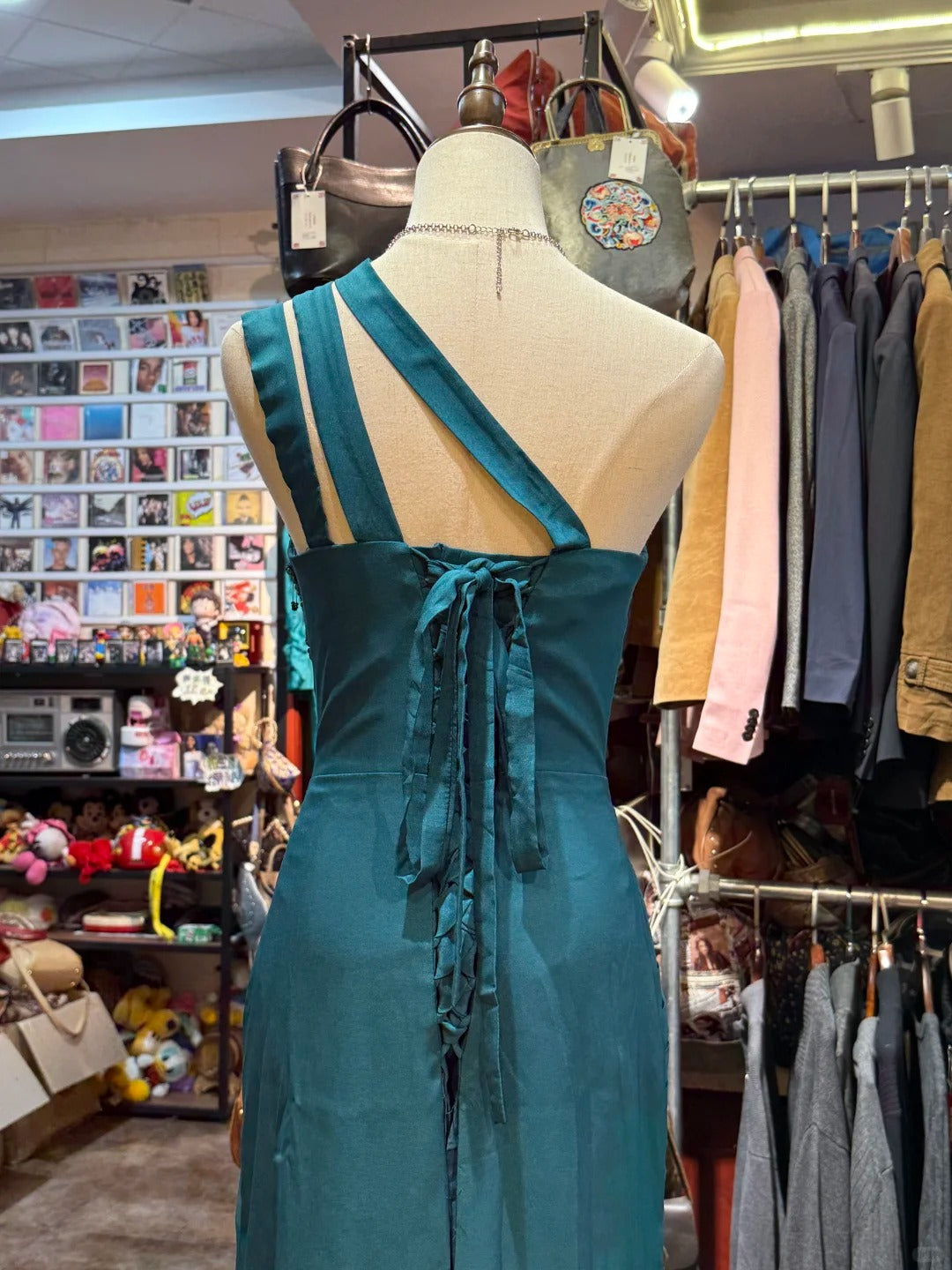 Elegant Peacock Green One-Shoulder Pearl Ribbon Satin Long Prom Dress Evening Dress cc5313