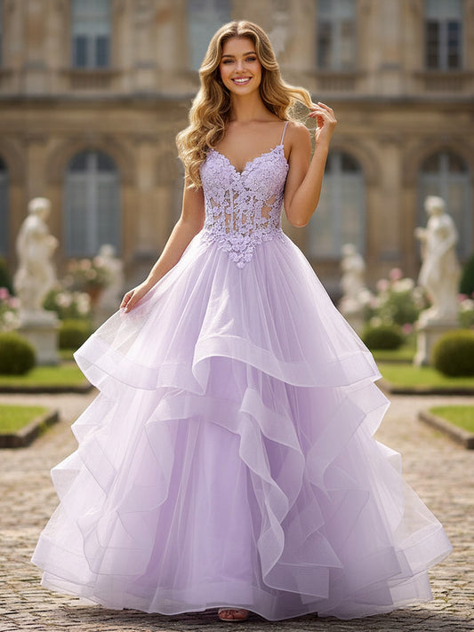 Spaghetti Strap Lace Bodice Tiered Ruffle Gown Lilac