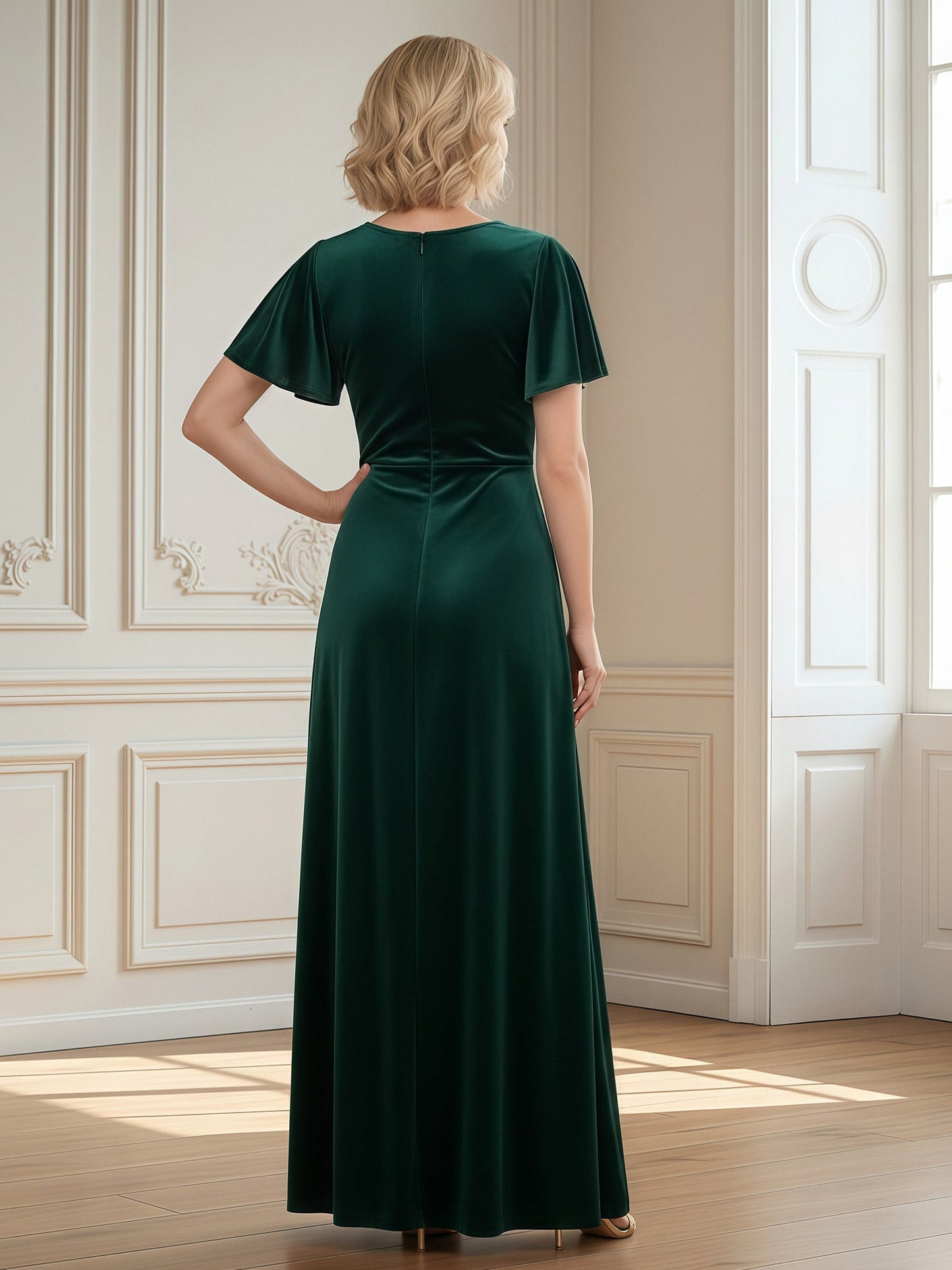 V-neck Flutter Sleeves Velvet Floor-length Dress With Slit Dark Green