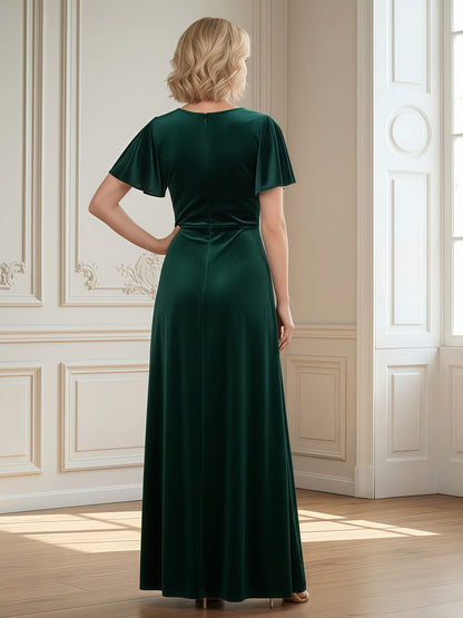 V-neck Flutter Sleeves Velvet Floor-length Dress With Slit Dark Green