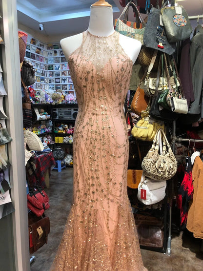 Sparkling Pink Mermaid Halter Neck Crossback Backless Tulle Long Prom Dress Evening Dress cc5317