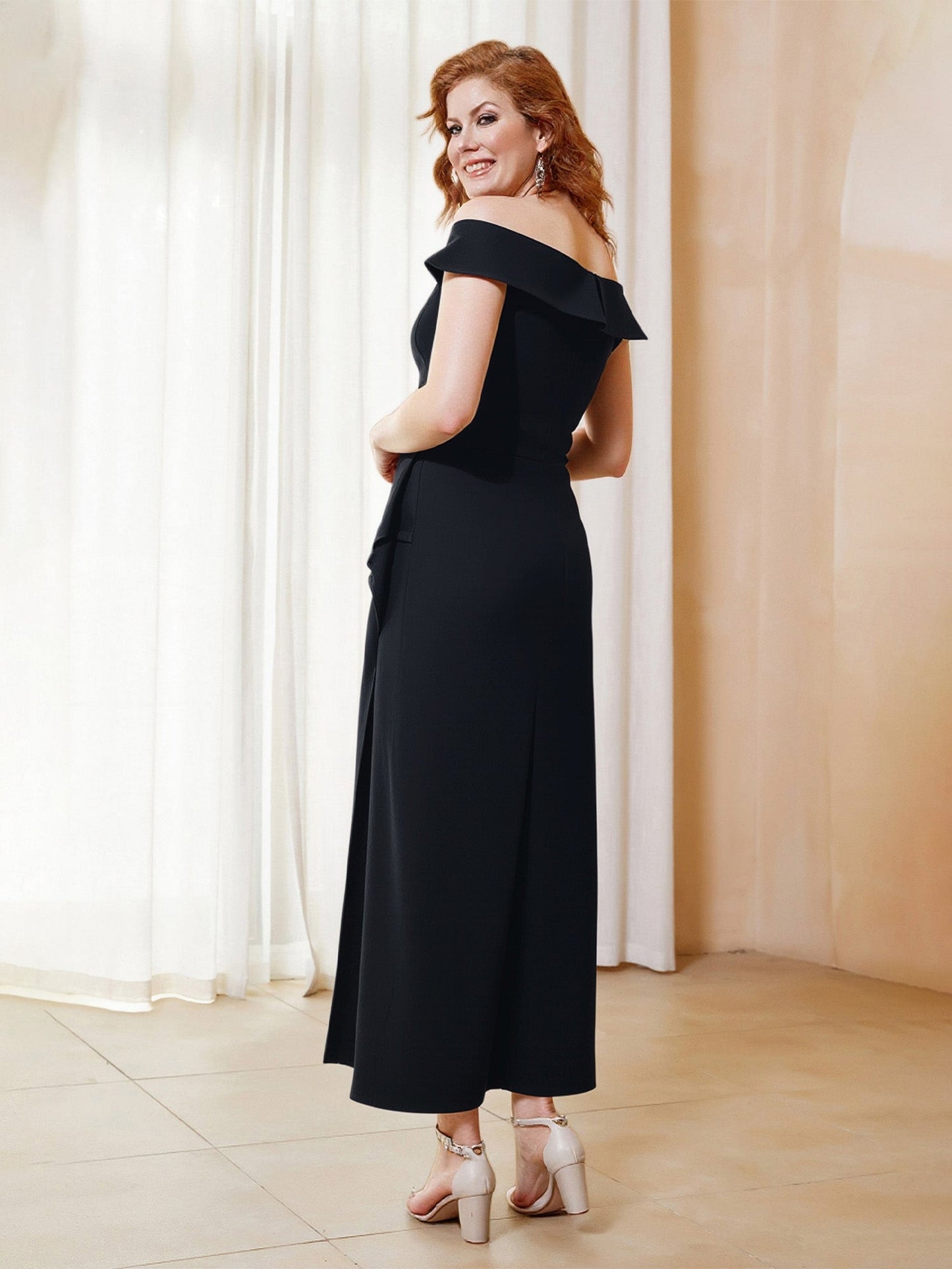 Off-the-Shoulder Sheath Asymmetrical Beaded Dress Black