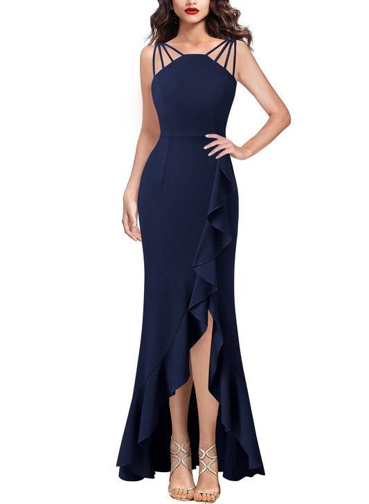 Dark Blue Womens Formal Spaghetti Strap Ruffles Split Mermaid Evening Prom Maxi Dress