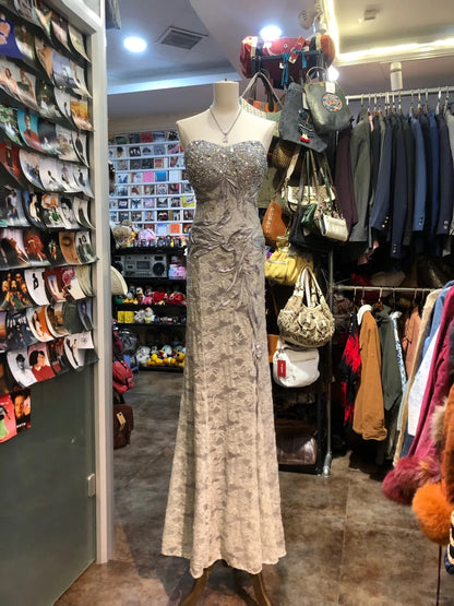 Elegant Grey Mermaid Strapless Sequined Lace Long Prom Dress Evening Dress cc5318
