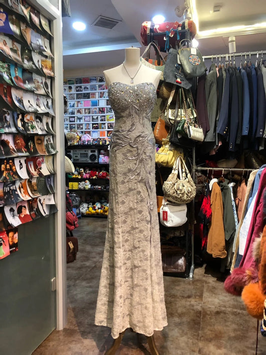 Elegant Grey Mermaid Strapless Sequined Lace Long Prom Dress Evening Dress cc5318