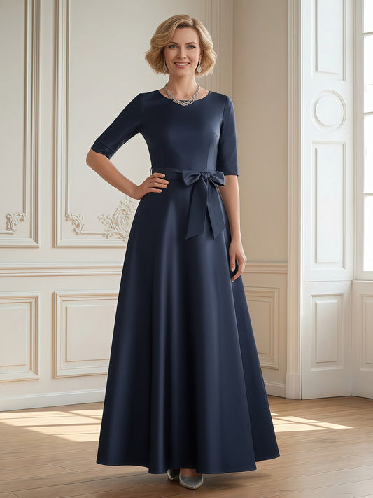 A-Line Scoop Half Sleeve Long Dress With Bow Dark Navy