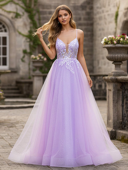 Glitter Tulle Skirt Appliqué V-Neck Lace-Up Ballgown Lilac