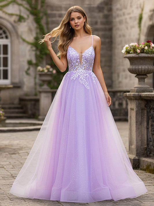Glitter Tulle Skirt Appliqué V-Neck Lace-Up Ballgown Lilac