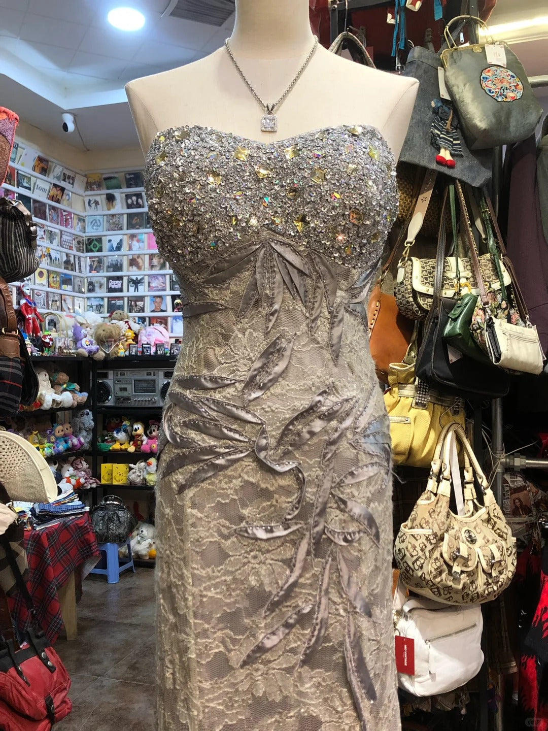 Elegant Grey Mermaid Strapless Sequined Lace Long Prom Dress Evening Dress cc5318