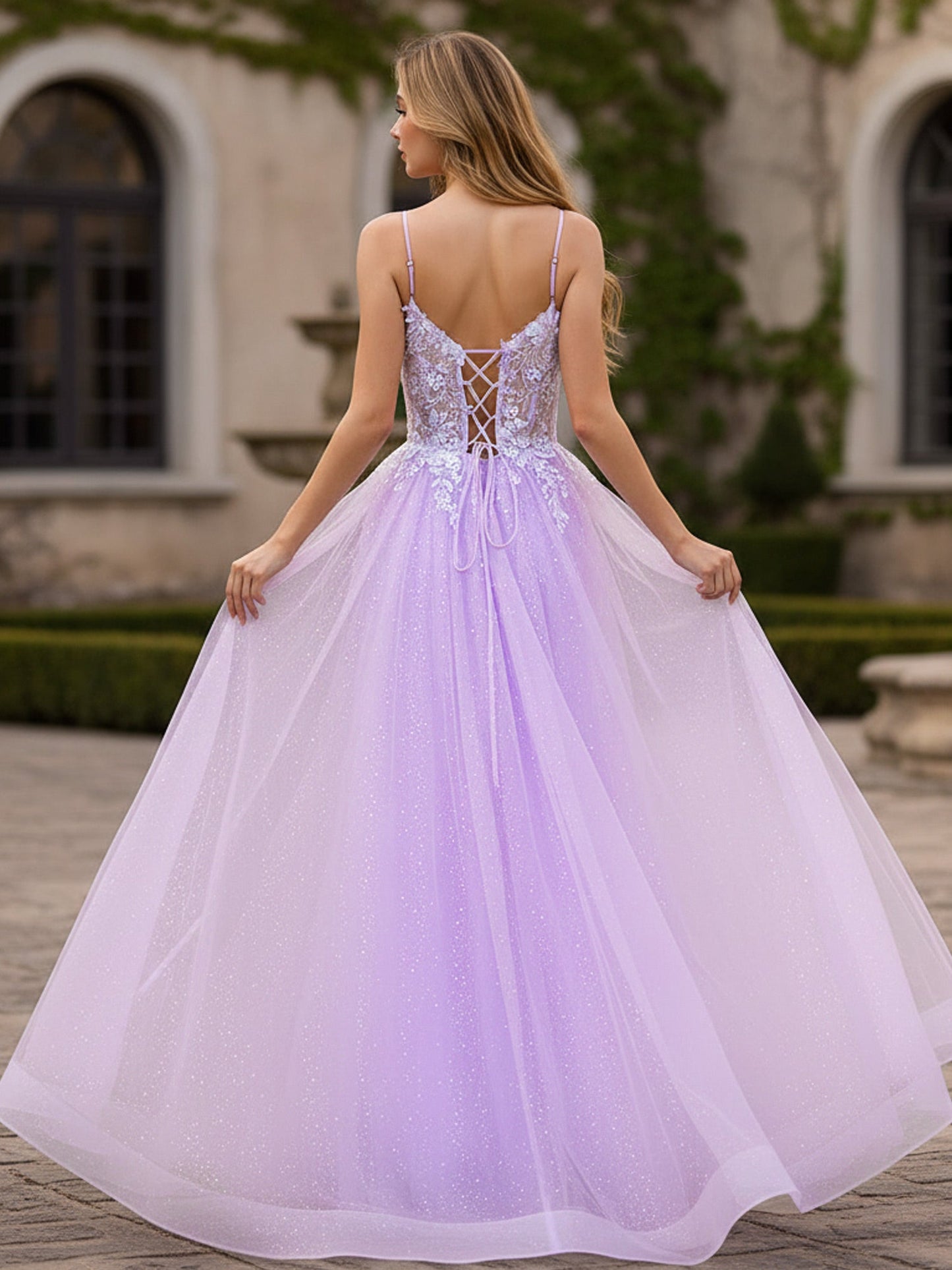 Glitter Tulle Skirt Appliqué V-Neck Lace-Up Ballgown Lilac