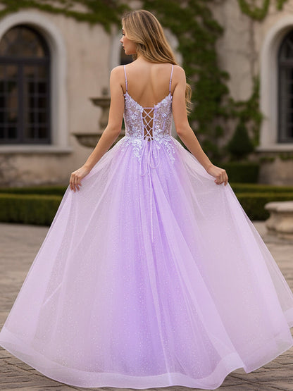 Glitter Tulle Skirt Appliqué V-Neck Lace-Up Ballgown Lilac