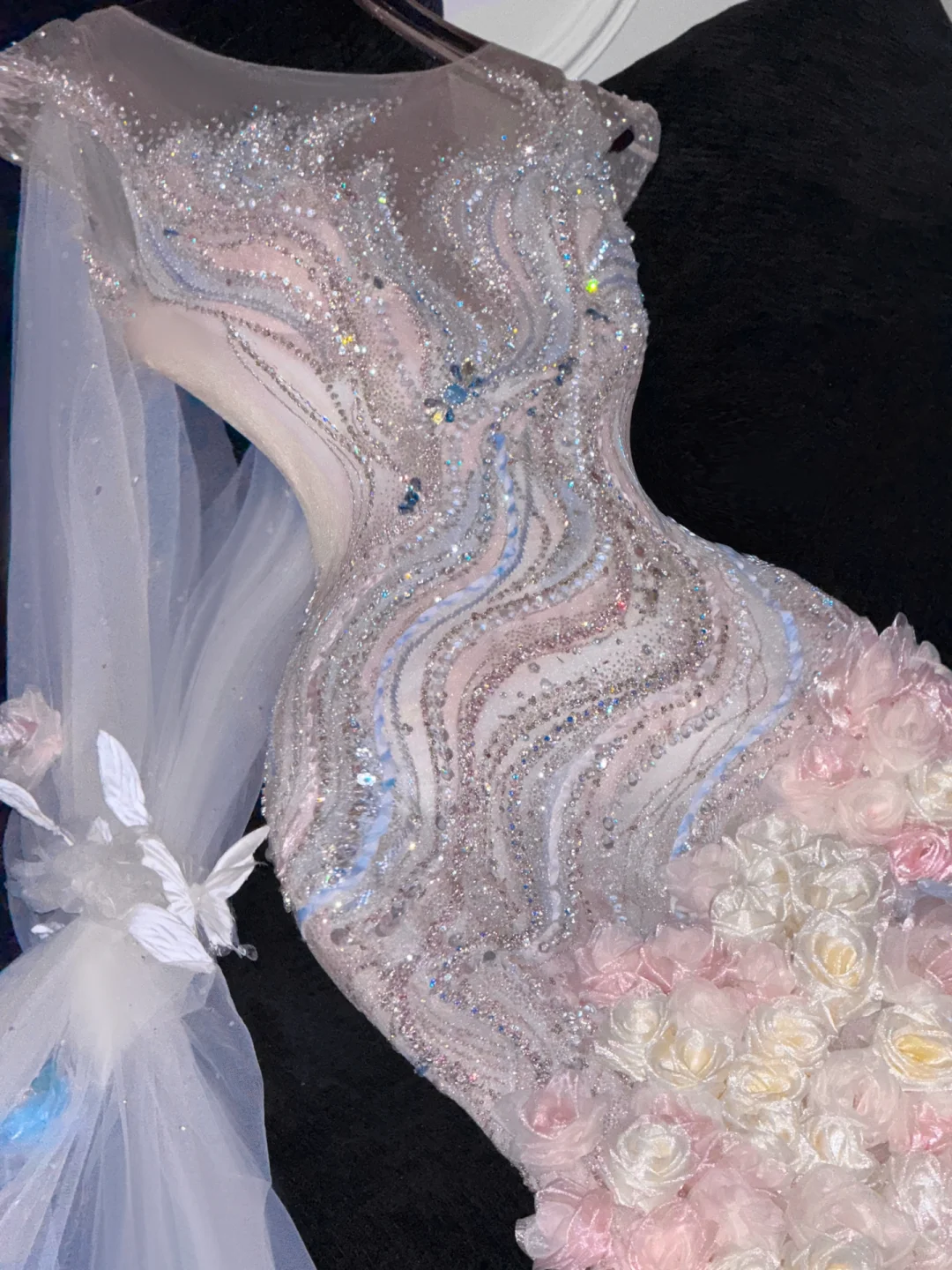 Gorgeous Sparkling Beaded Sequin Mermaid 3D Flowers Design Tulle Evening Dress Prom Dresses HZ1024