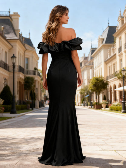 Off-Shoulder Ruffle Trim Satin Slit Mermaid Gown Black