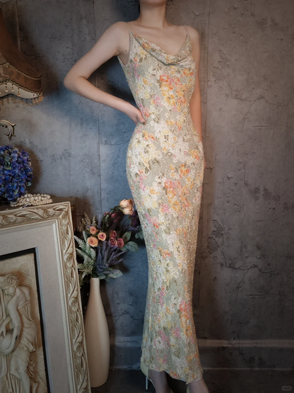 Vintage Floral Spaghetti Strap Sparkling Beaded Design Romantic Chiffon Evening Dress Prom Dress HZ1024