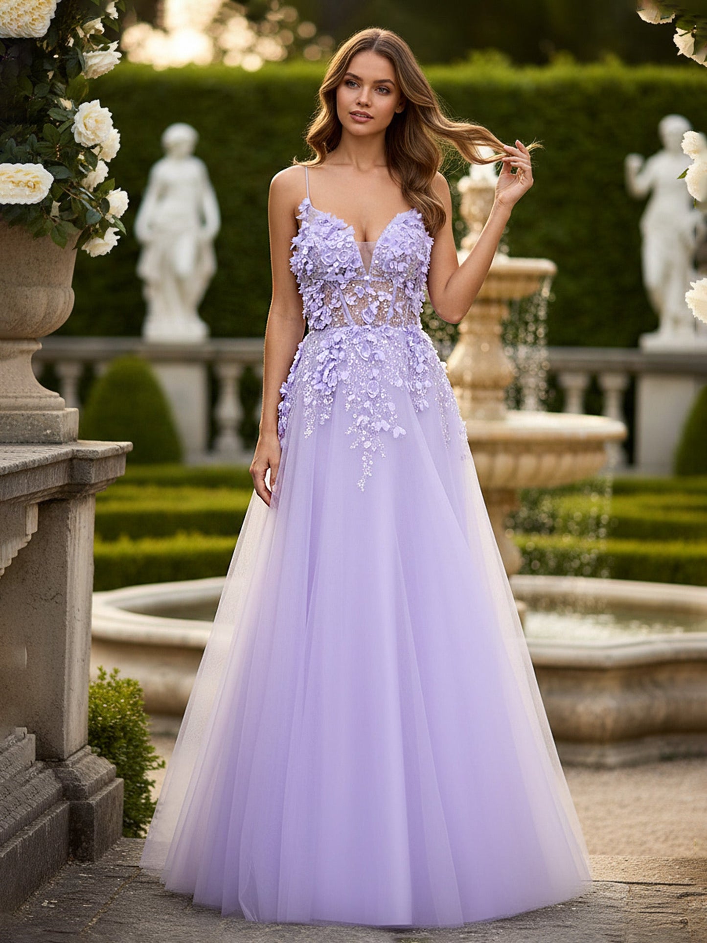 Dimensional Floral Applique Tulle Gown with Corset Back Lilac