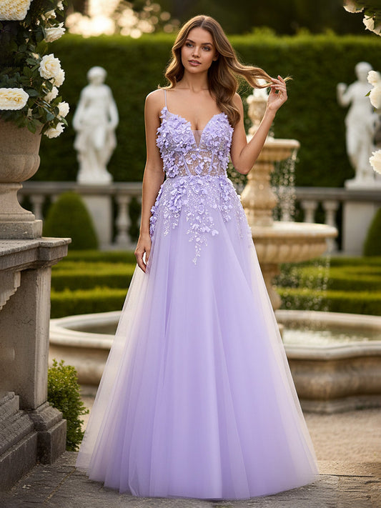 Dimensional Floral Applique Tulle Gown with Corset Back Lilac