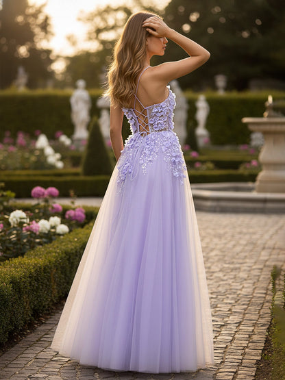 Dimensional Floral Applique Tulle Gown with Corset Back Lilac