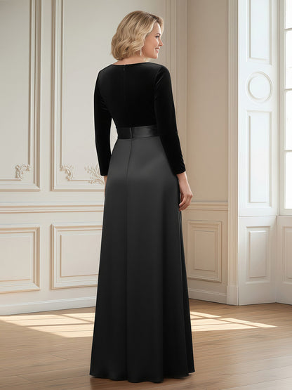 A-Line V-neck Long Velvet Satin Dress With Slit Black