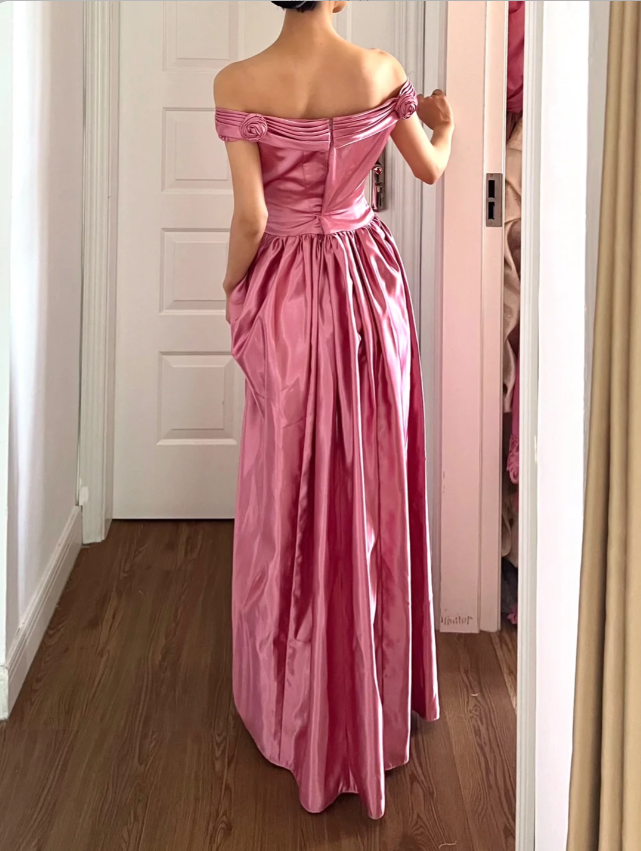 Retro Sweet Pink A-line 3D Floral Off-Shoulder Satin Long Prom Dress Evening Dress cc5319