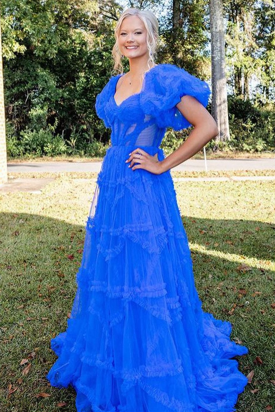 Light Blue Sheer Corset Ruffles A-Line Prom Dress with Puff Sleeves