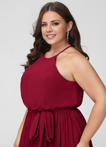 A-line low round neck bow floor mopping chiffon bridesmaid dress