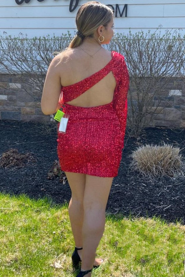 Black Sequin One-Sleeve Keyhole Short Party Dress