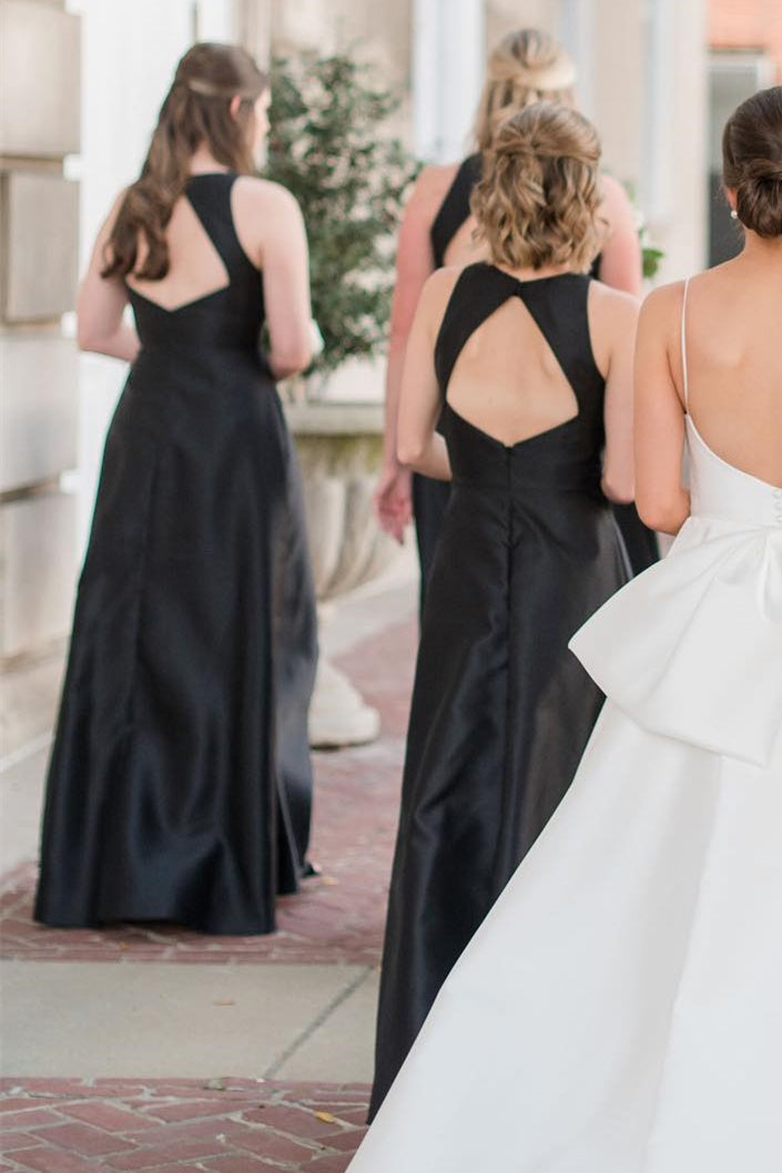 Black Round Neck Cutout Back A-Line Long Dress