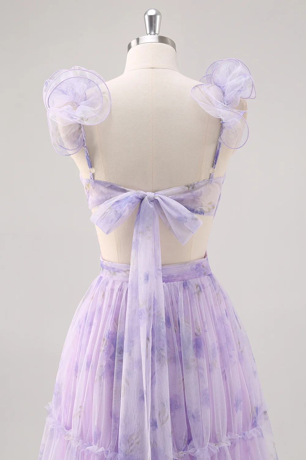 Ruffle Floral Print Lavender V-Neck A-Line Prom Dress with Side Cutout