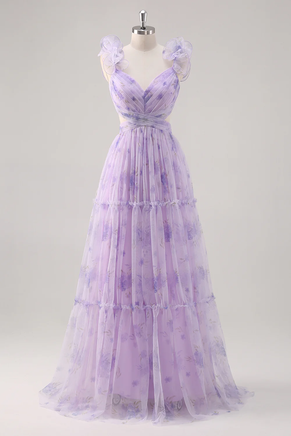 Ruffle Floral Print Lavender V-Neck A-Line Prom Dress with Side Cutout