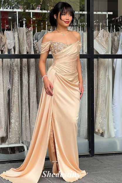 Off the Shoulder Champagne Mermaid Prom Dress with Rhinestone