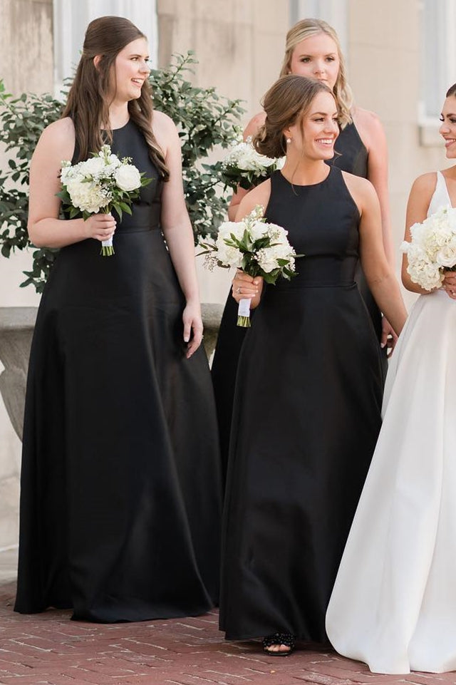 Black Round Neck Cutout Back A-Line Long Dress