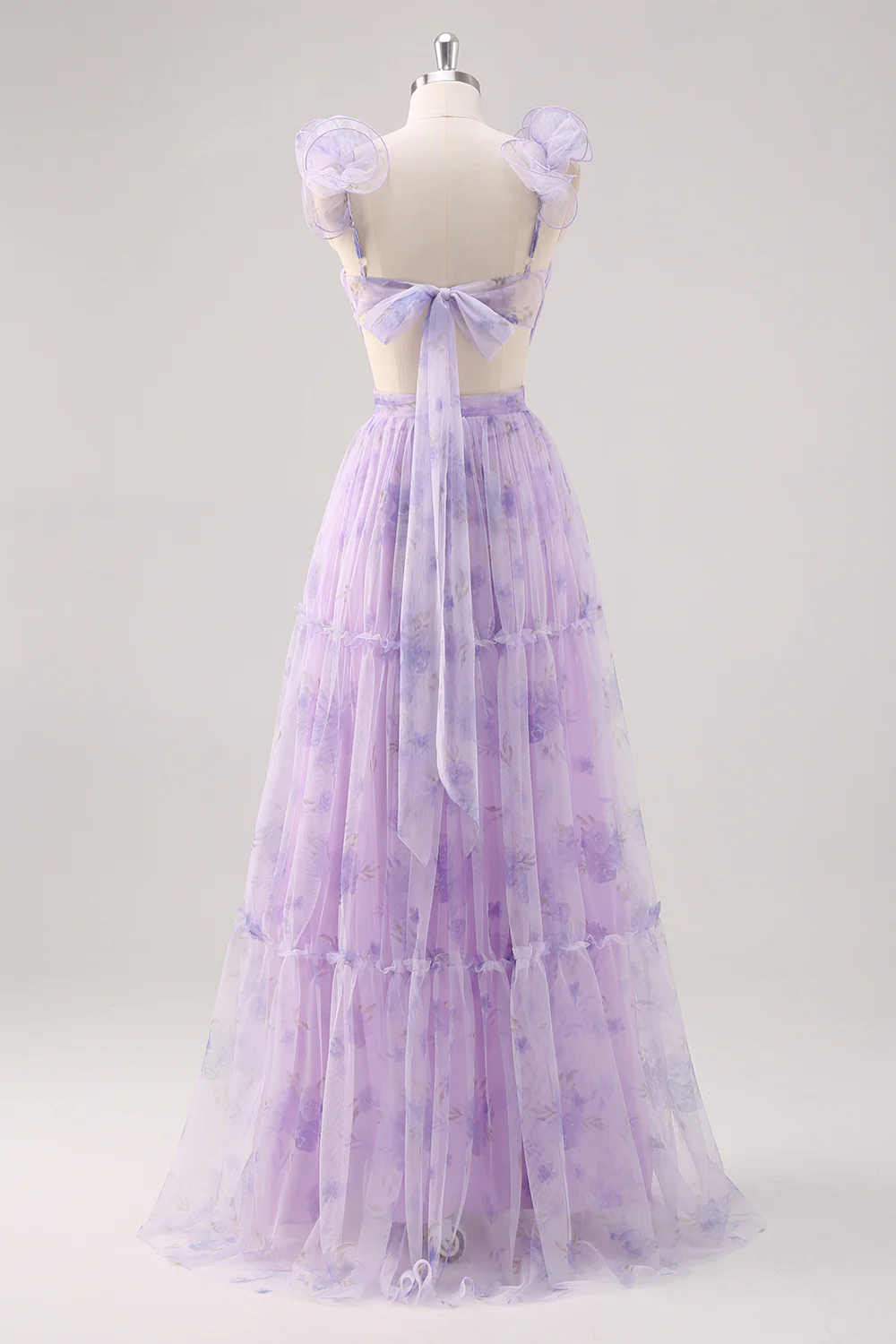 Ruffle Floral Print Lavender V-Neck A-Line Prom Dress with Side Cutout
