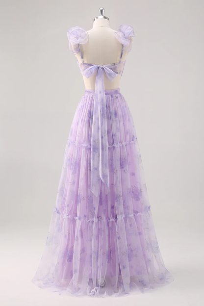 Ruffle Floral Print Lavender V-Neck A-Line Prom Dress with Side Cutout