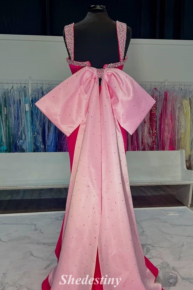 Fuchsia Rhinestone Square Neck Mermaid Fitted Prom Dress with Bow Back