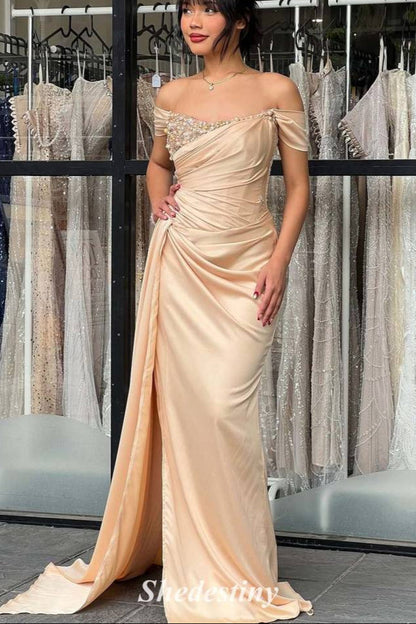 Off the Shoulder Champagne Mermaid Prom Dress with Rhinestone