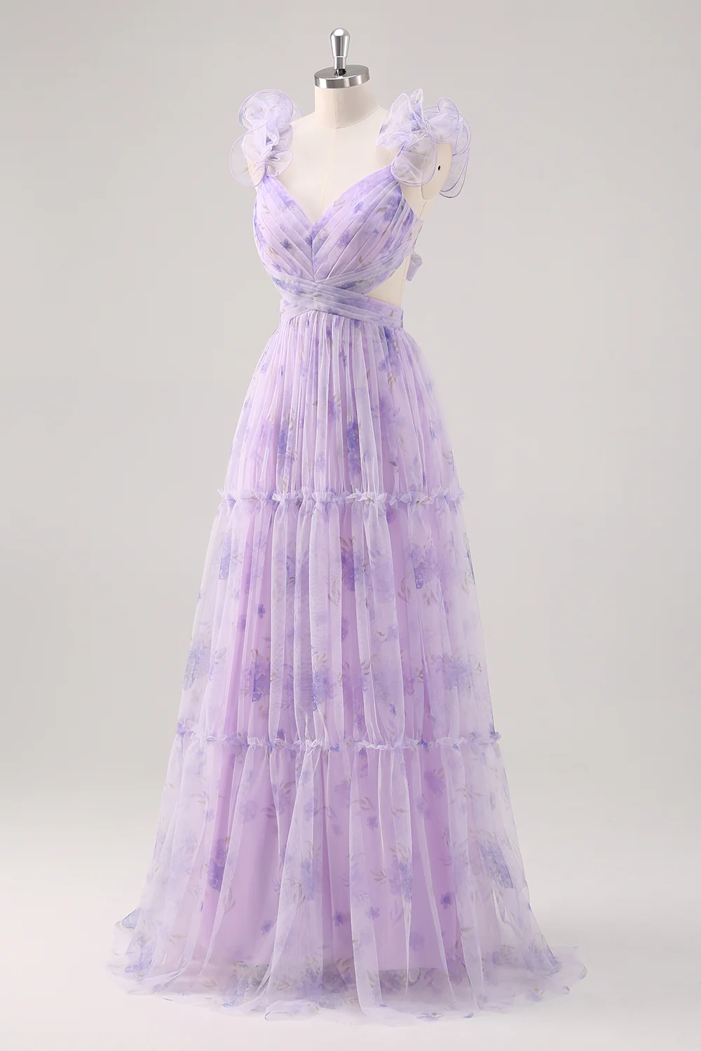 Ruffle Floral Print Lavender V-Neck A-Line Prom Dress with Side Cutout
