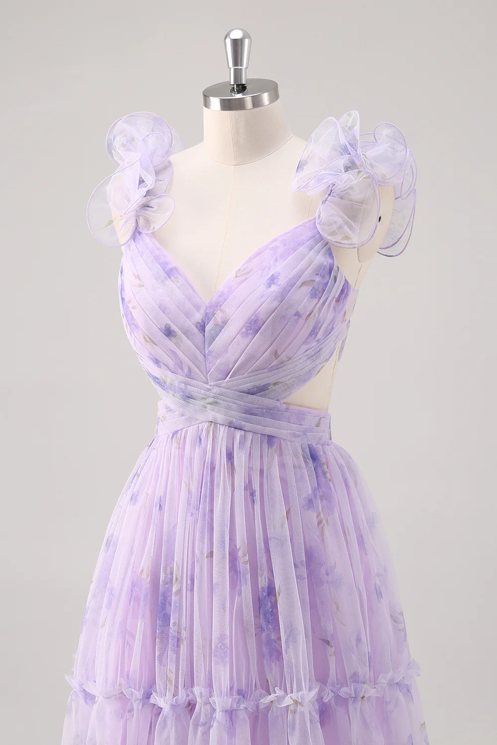 Ruffle Floral Print Lavender V-Neck A-Line Prom Dress with Side Cutout