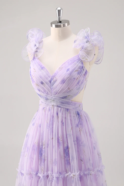 Ruffle Floral Print Lavender V-Neck A-Line Prom Dress with Side Cutout