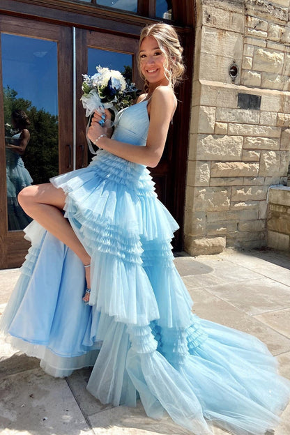 Black Tulle Multi-Tiered V-Neck Long Prom Dress