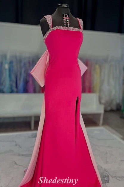 Fuchsia Rhinestone Square Neck Mermaid Fitted Prom Dress with Bow Back