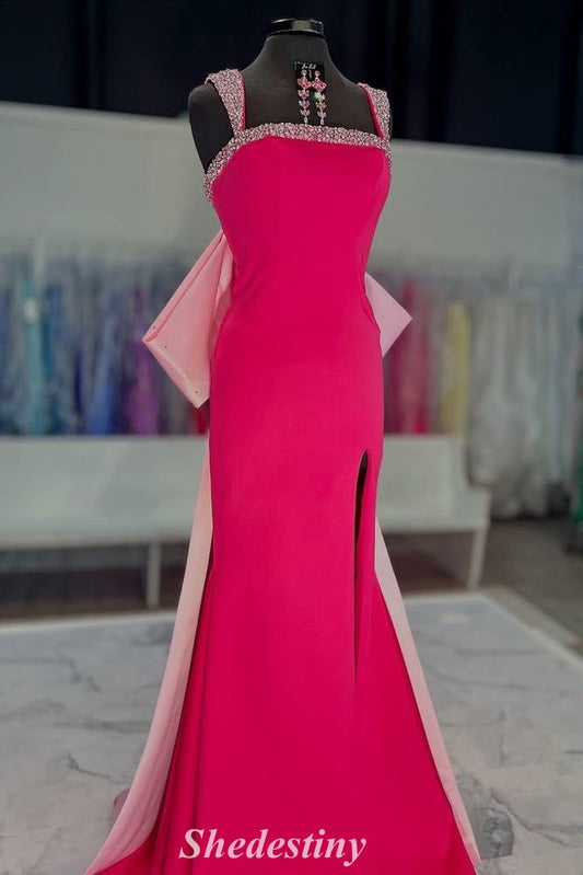 Fuchsia Rhinestone Square Neck Mermaid Fitted Prom Dress with Bow Back
