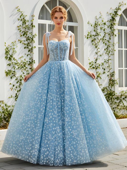 A-Line Sweetheart Neck Floral Tulle Long Dress Sky Blue