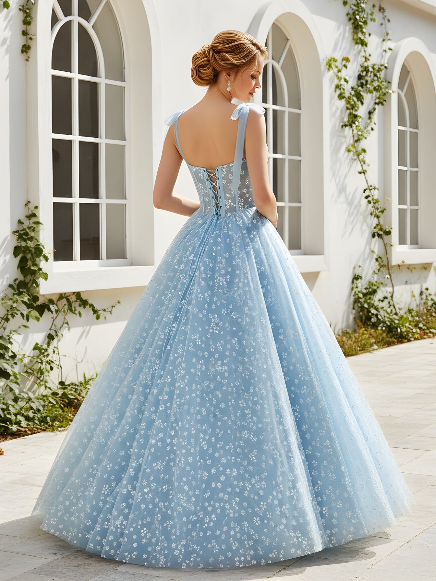 A-Line Sweetheart Neck Floral Tulle Long Dress Sky Blue