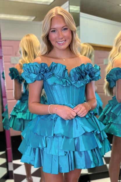 Hot Pink Off the Shoulder Ruffle Satin A-Line Empire-Waist Short Homecoming Dress