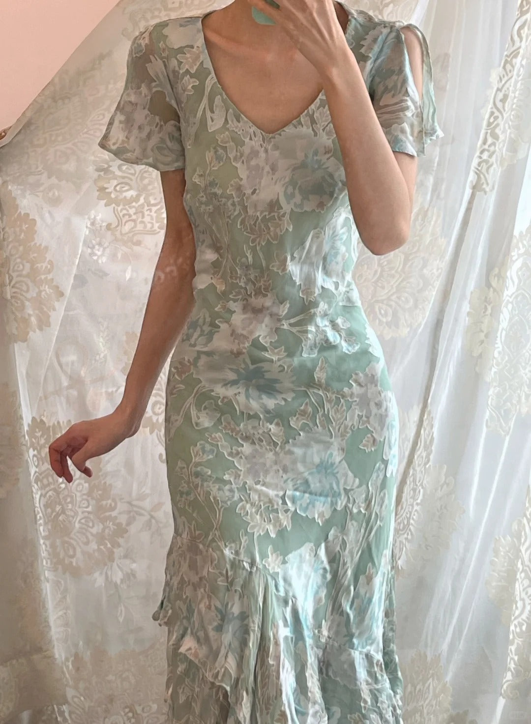 Sweet Light Green Floral Print Ruffled V-neck Chiffon Long Prom Dress Evening Dress cc5321