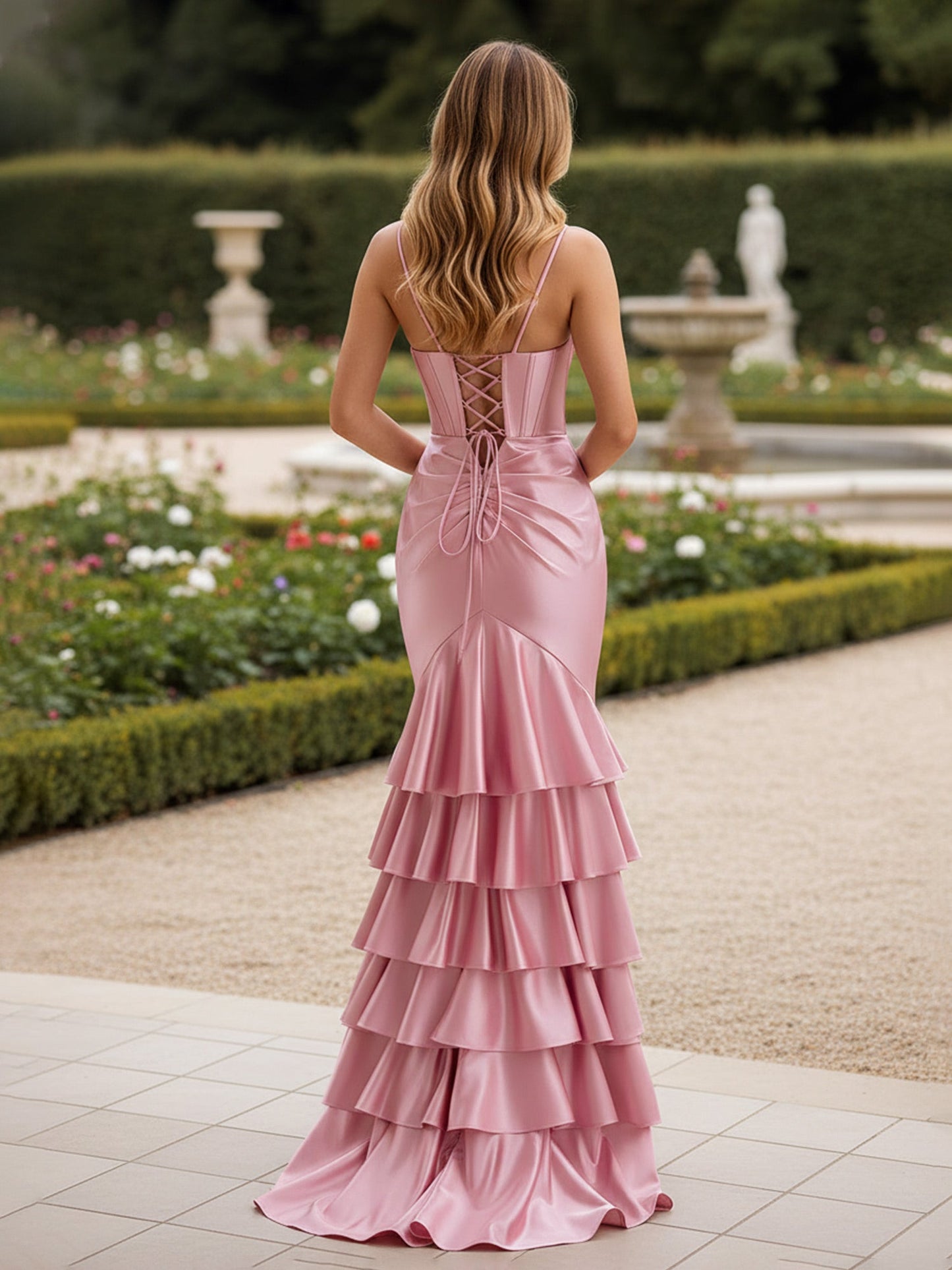 Corset Mermaid Gown with Tiered Ruffle Skirt Blushing Pink
