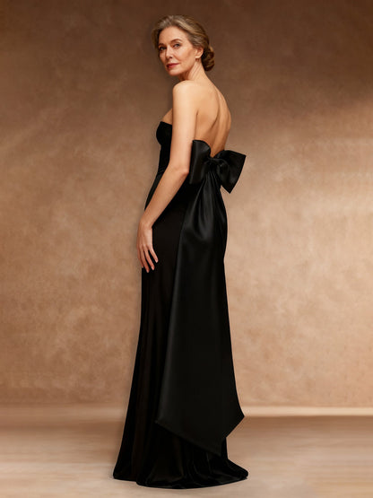 Strapless Velvet Sheath Sweep Train Dress With Bow Black