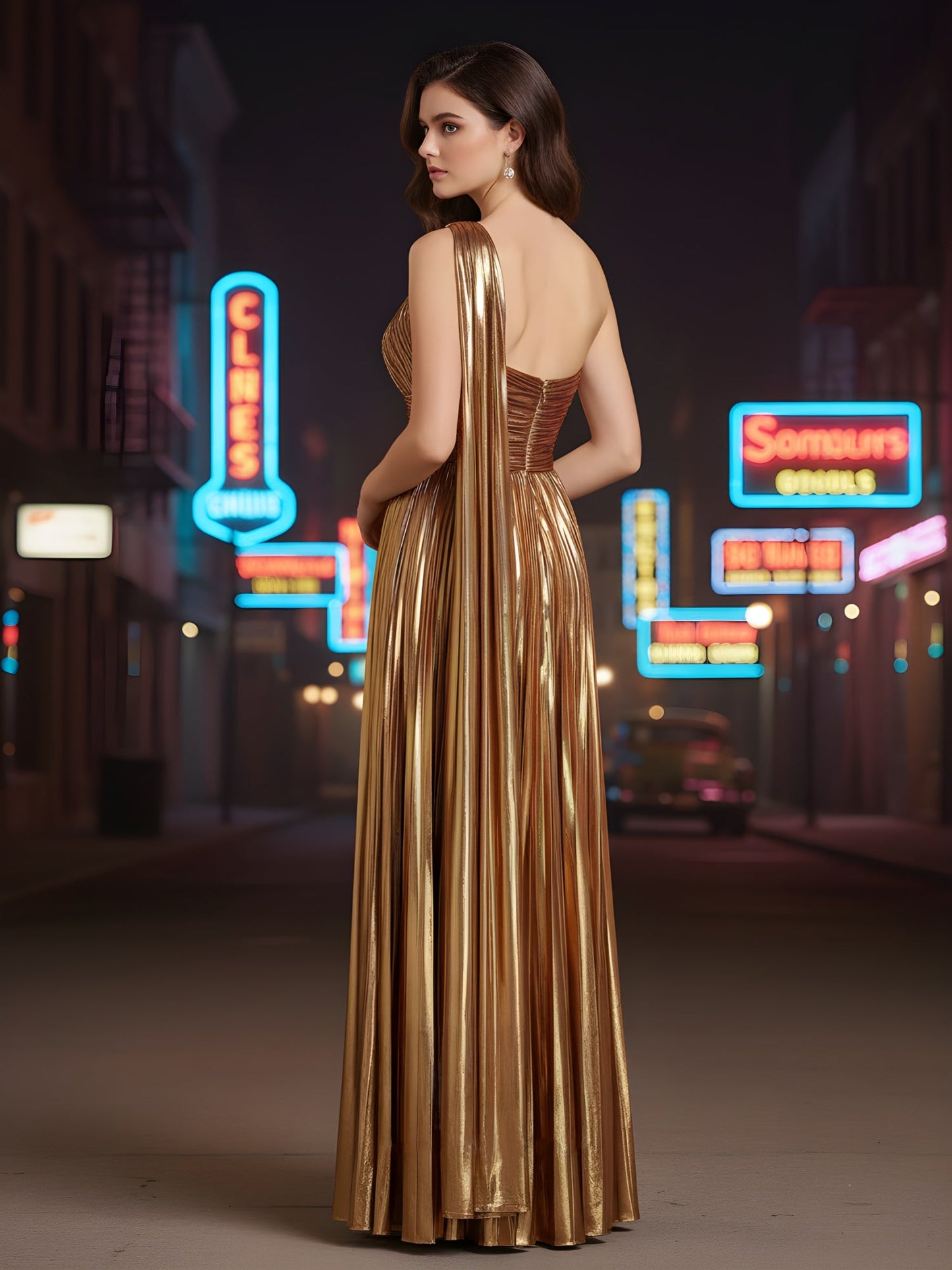 One-Shoulder Plisse Gown with Flowing Cape Detail Gold