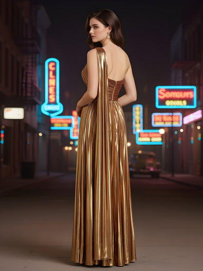 One-Shoulder Plisse Gown with Flowing Cape Detail Gold