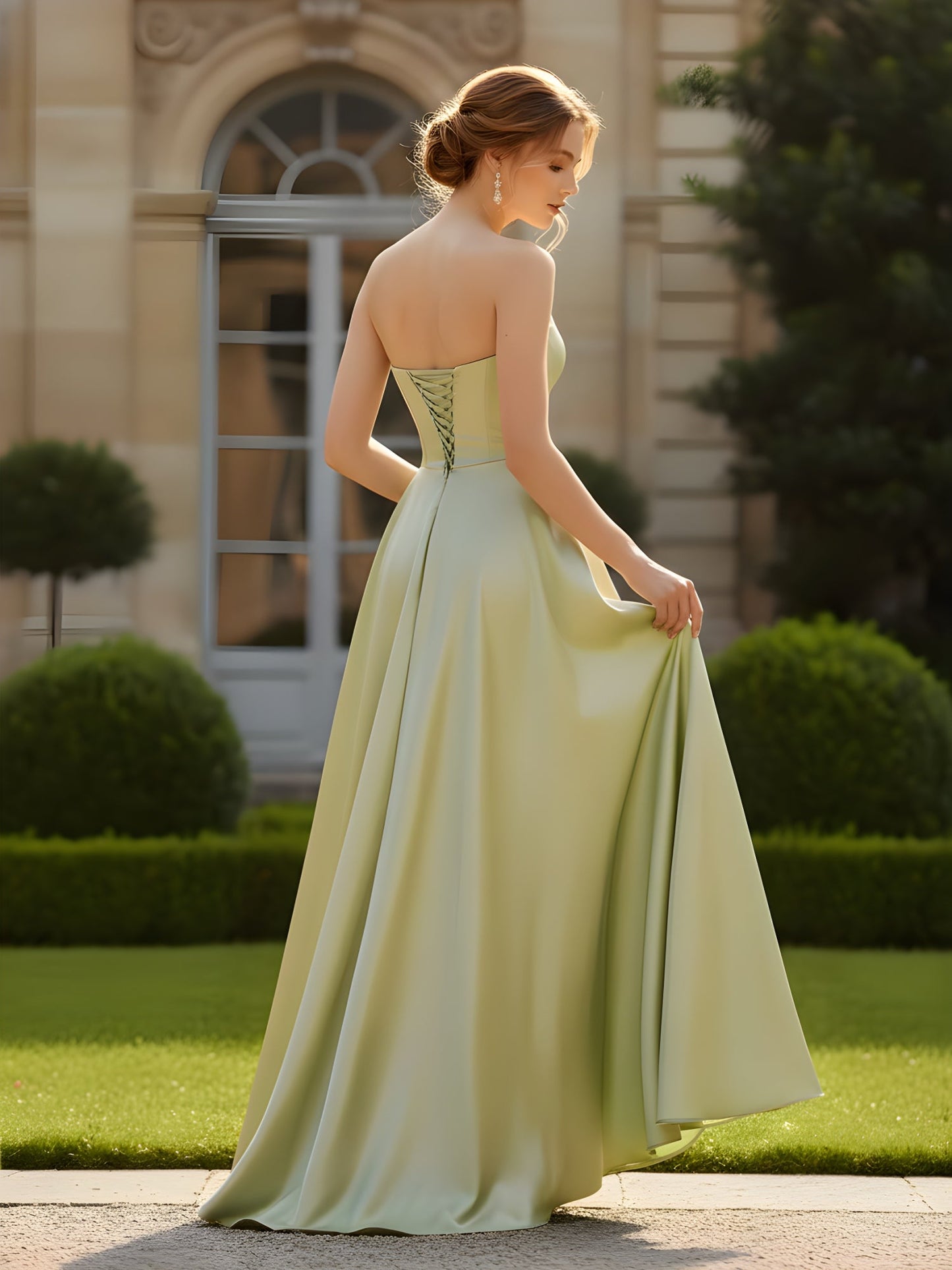 Strapless Sweetheart Bustier Gown with Corset Back Dusty Sage